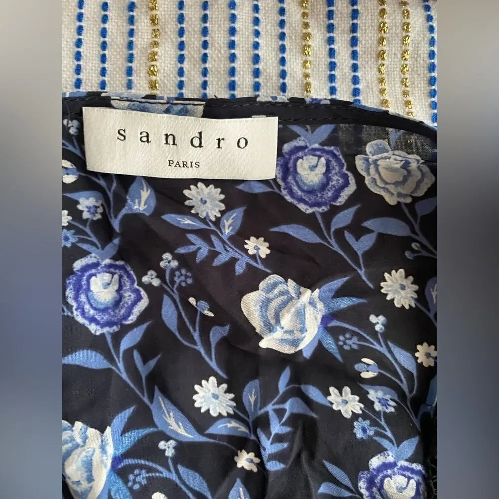 SANDRO  Paris  Womens Sz34 XS Black Blue Floral Silk Heart Romper Jumpsuit NWT - Picture 8 of 16